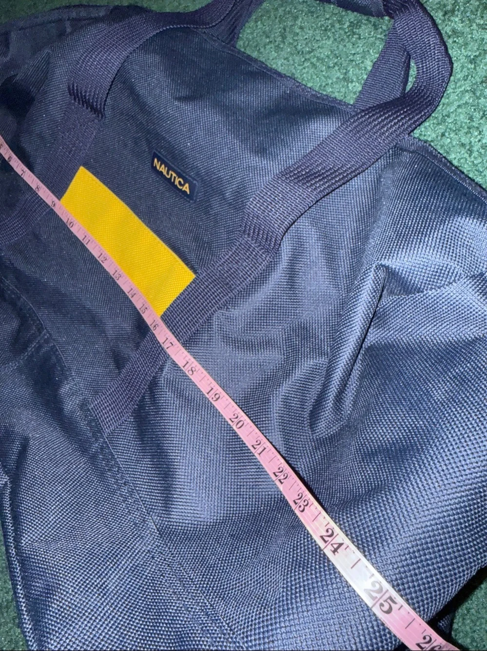 Nautica Navy Weekender Duffle/ Gym Bag  21”x10”x12”Yellow Center accent Stripe